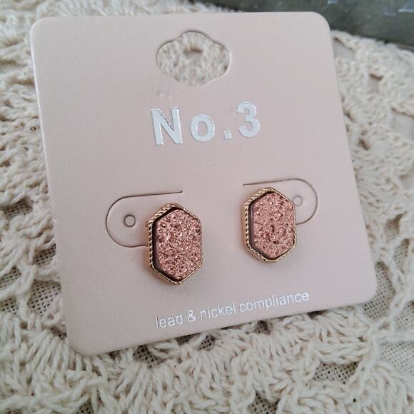 Faux Druzy Stone Stud Earrings in Rose Gold Peach - Picture 10 of 11